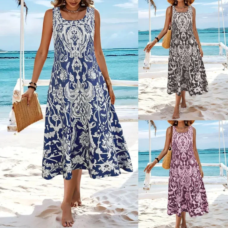 Global AliExpress Europe and America summer hot selling Bohemian printed fashion elegant square neckline sleeveless long dress