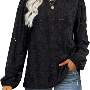 European and American Style New Spring and Summer Casual Versatile Hollow Lace Long Sleeve Loose T-Shirt