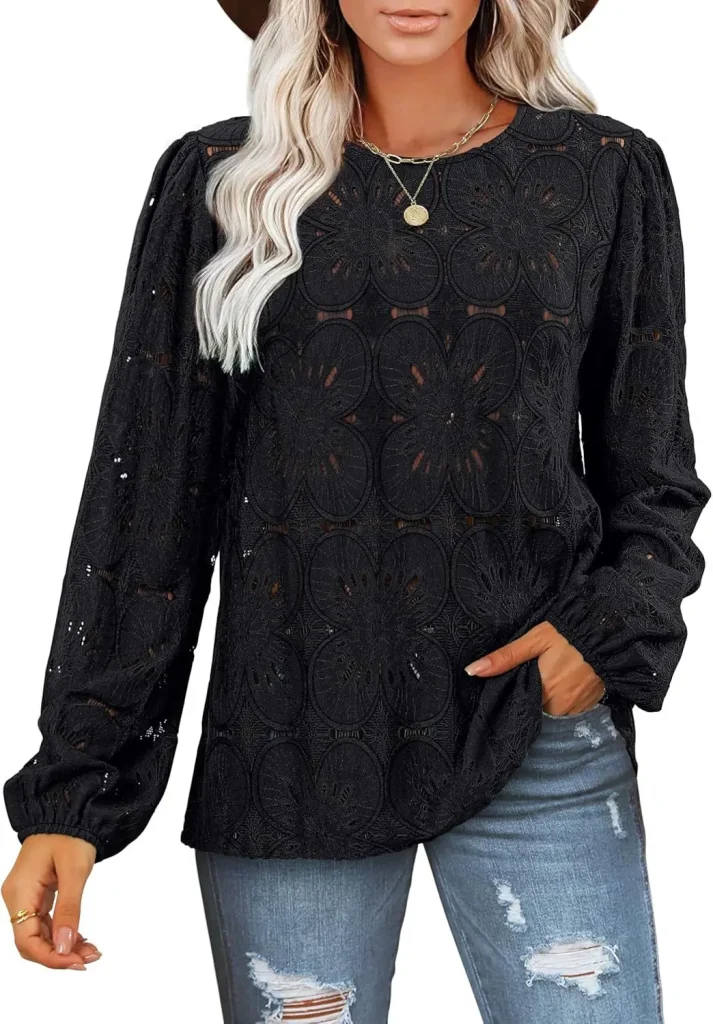 European and American Style New Spring and Summer Casual Versatile Hollow Lace Long Sleeve Loose T-Shirt
