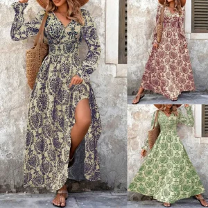 European and American cross-border autumn and winter vintage floral long dress with a classy V-neck and long sleeves