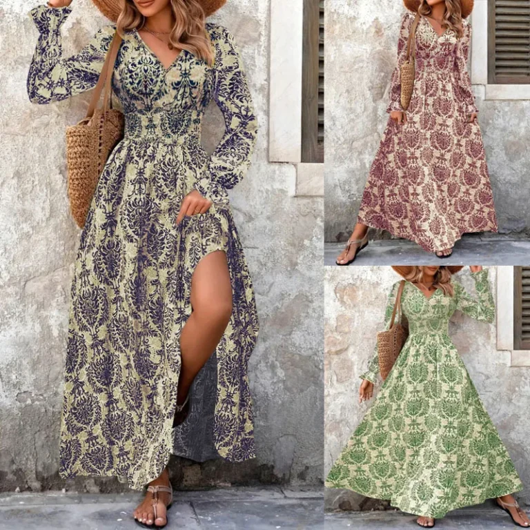 European and American cross-border autumn and winter vintage floral long dress with a classy V-neck and long sleeves