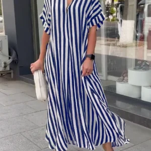 2024 AliExpress Europe and America Plus Size Women's Cross border Summer New Product Split Casual Stripe Short sleeved Dress