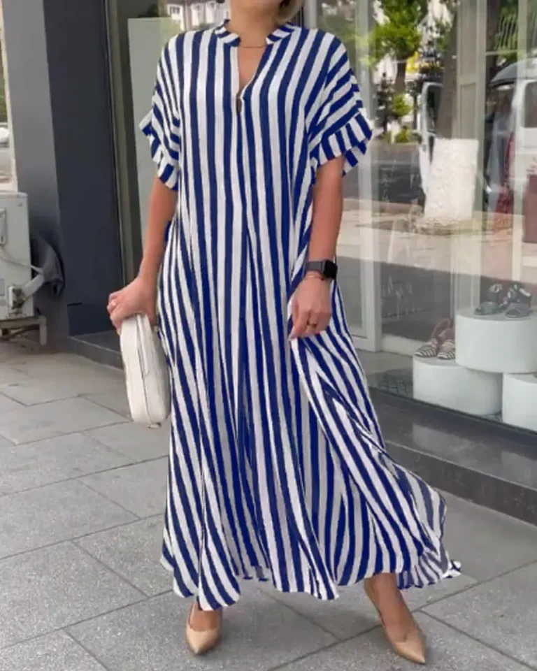 2024 AliExpress Europe and America Plus Size Women's Cross border Summer New Product Split Casual Stripe Short sleeved Dress