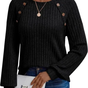 European and American cross-border women's autumn new arrival ribbed solid color fashion knitted long sleeve button round neck t