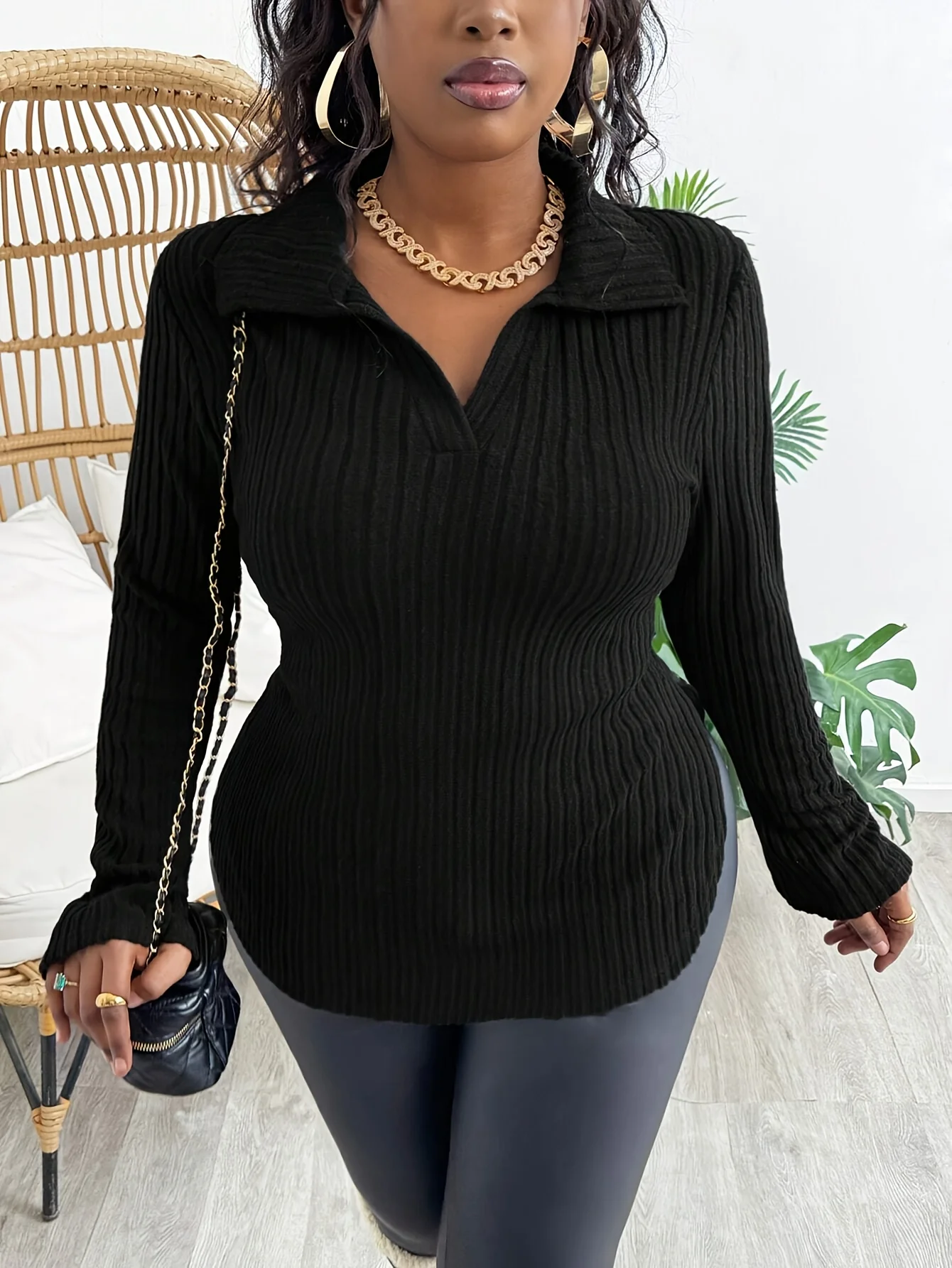 Plus size Europe and the United States cross-border autumn and winter new casual solid color V-neck long-sleeved top
