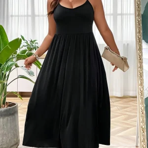 Europe and America Plus Size Women's Cross border Summer New Product V-neck Sling Solid Color Dress