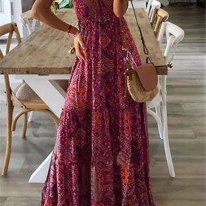 Plus-size Europe and the United States cross-border new slip long skirt high-waisted V-neck printed floral dress