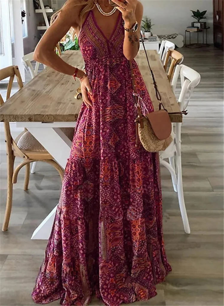 Plus-size Europe and the United States cross-border new slip long skirt high-waisted V-neck printed floral dress