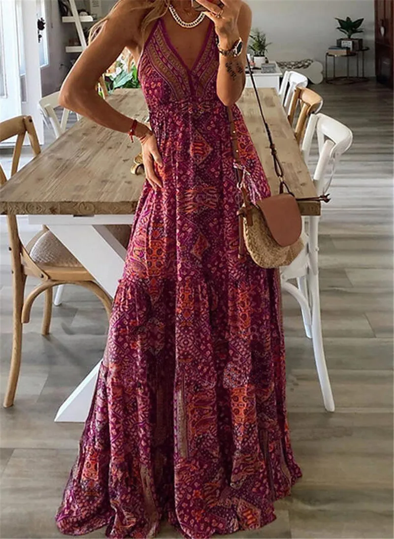 Plus-size Europe and the United States cross-border new slip long skirt high-waisted V-neck printed floral dress